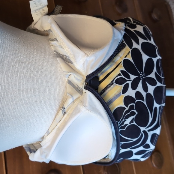 LIZ CLAIBORNE Tankini Grey & Yellow BELTED Stripe Floral Swim Top SZ 10 - Picture 12 of 15